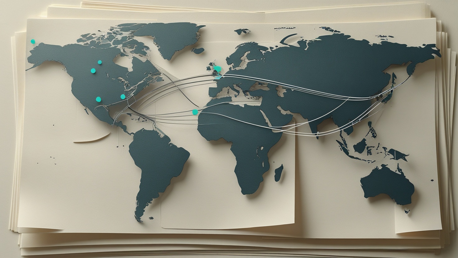 Paper-cut world map with transfer routes converging near the Bosphorus